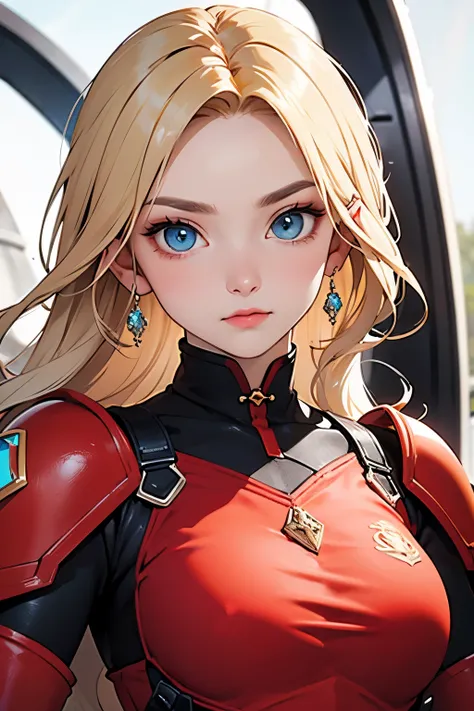  beautiful woman. Blonde hair and blue eyes. Twenty years old. facial details. She is looking at the camera with a defiant expression. She wears tight red armor. She's in a spaceship.