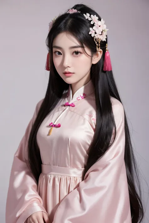 Antique Chinese beautiful girl, Han, long hair, full black hair, beautiful face, unique, dark eyebrows, cute round eyes, famous nose, white skin, beautiful natural background, beautiful face, look dimensional, look as you look at the beautiful pictures, we...