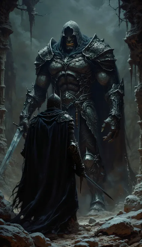 Black Knight in a cave facing an orc