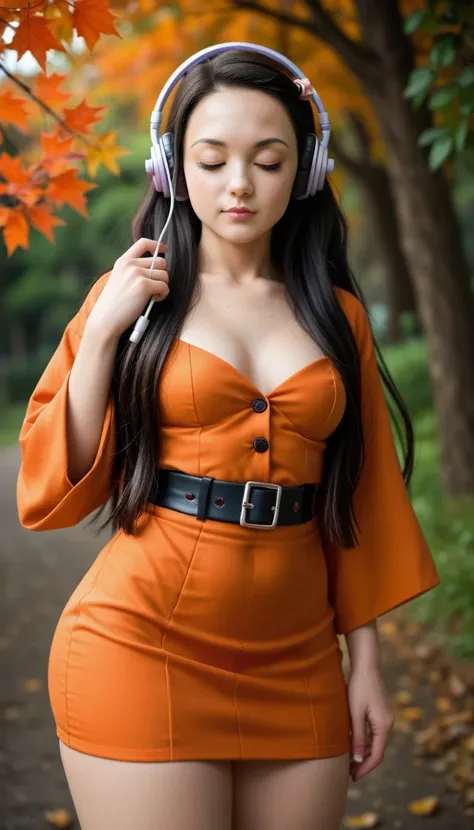 Nezuko Kamado /  KIMETSU NO YAIBA, Bicolor fur,   A woman   ,  long hair,   Eyes Closed, serious look,  listening to music with headphones in her ears,  she opted for an autumn mini dress,    medium breasts,   Not suitable for work ,     big ass,   thick t...