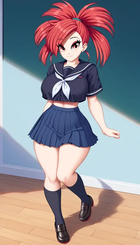 A tall Flannery girl beautiful attractive big breasted loose red hair her red eye wears a black school uniform and a short blue skirt