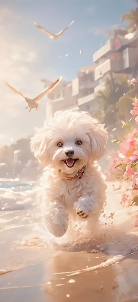A Bichon dog in a good mood is playing at the beach，Floral scent，Seagull，Sea
