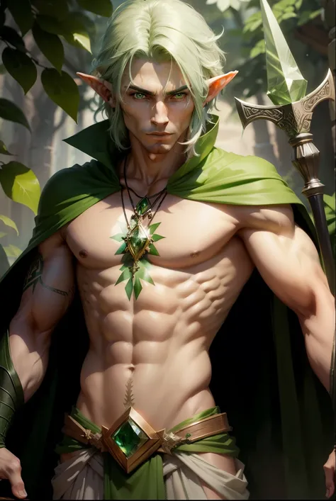 
  male elf with green eyes , dressed in a green cape ,  holding a green wooden staff with a green amethyst embedded in it and green tribal tattoos on his body