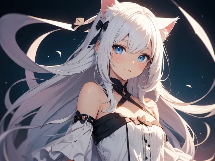 Anime girl character with flowing white hair, blue eyes with cat ears and wearing a dress, with a background