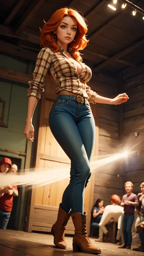 1 girl, Best Quality, masterpiece, cowboy shot, Orange hair, green eyes, tight clothes, barn, Wet, Green checkered shirt, Labor, sexy, Tight jeans, riding boots, half , cow print clothing:1.5, seductive, provocing, masterpiece, (dynamic angle:1.2), (dynami...