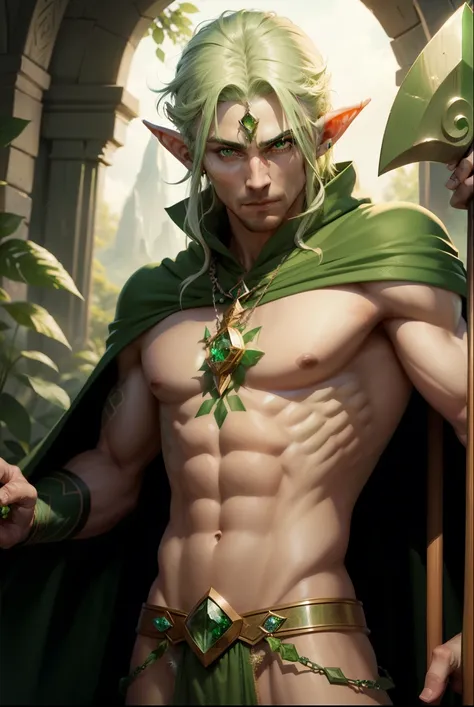 
  male elf with green eyes , dressed in a green cape ,  holding a green wooden staff with a green amethyst embedded in it and green tribal tattoos on his body