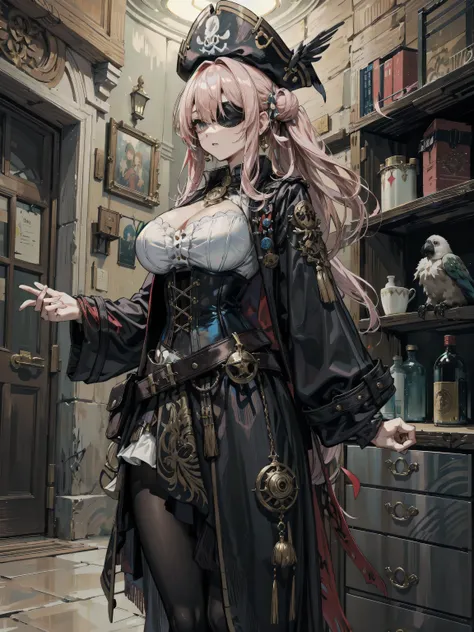 earring, half updo, hair ornament, perfect figure, Perfect Style, Perfect balance, ideal ratio body proportions, (cowboy shot:1.2), big breasts, indoor, Practical pirate clothing, Long-sleeved pirate top, Skirt, pirate hat, coat, corset, black cape, parrot...