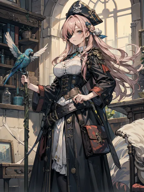 earring, half updo, hair ornament, perfect figure, Perfect Style, Perfect balance, ideal ratio body proportions, (cowboy shot:1.2), big breasts, indoor, Practical pirate clothing, Long-sleeved pirate top, Skirt, pirate hat, coat, corset, black cape, parrot...