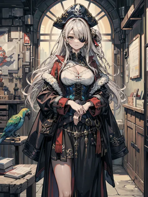 earring, half updo, hair ornament, perfect figure, Perfect Style, Perfect balance, ideal ratio body proportions, (cowboy shot:1.2), big breasts, indoor, Practical pirate clothing, Long-sleeved pirate top, Skirt, pirate hat, coat, corset, black cape, parrot...