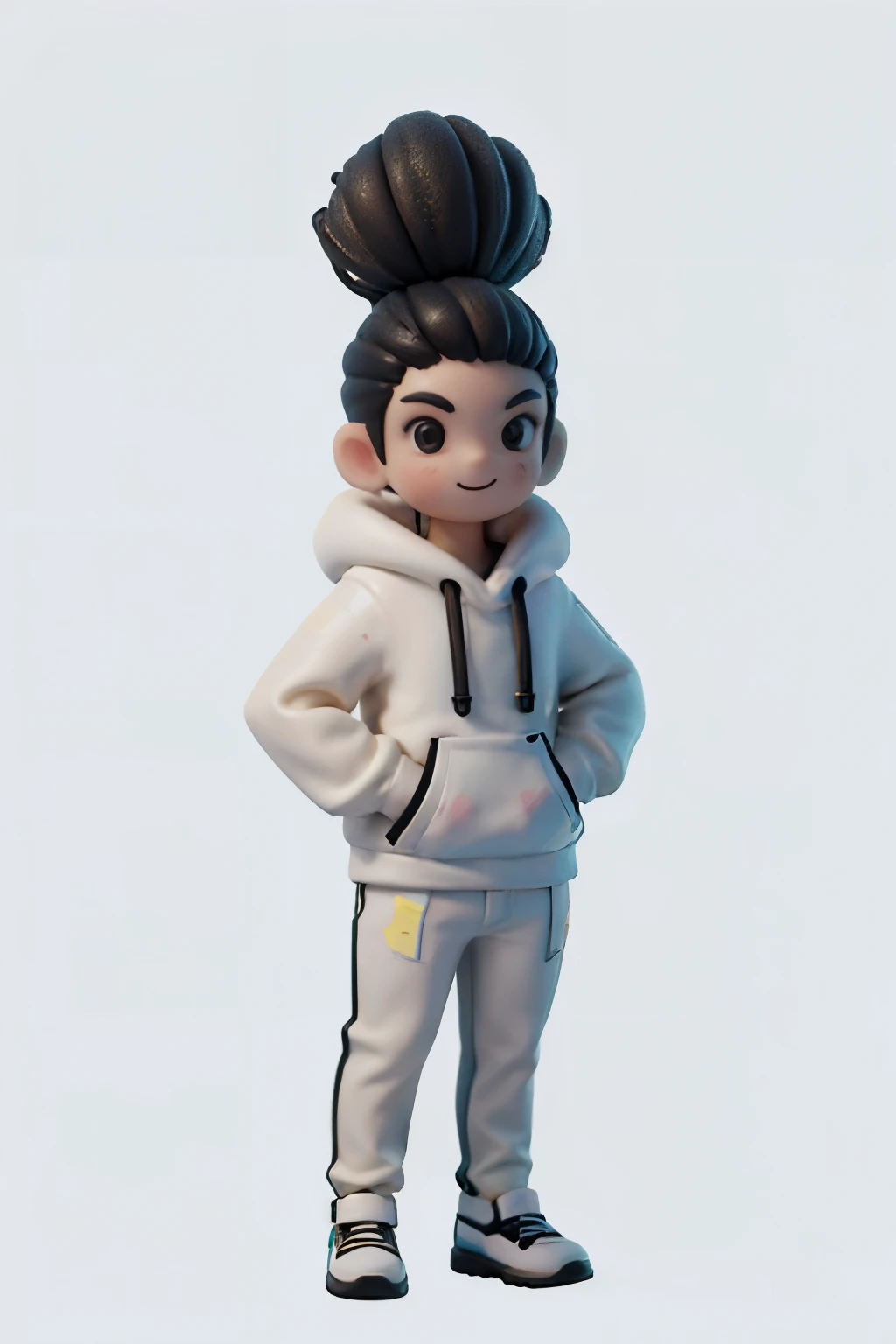 a boy smiling, ((black)) afro hair, white sweater hoodie, (white) uniform pants, black shoes, stand up, front view, full body, no background