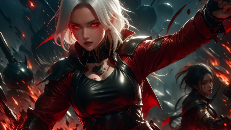 White-haired woman, terrifying appearance, with a katana and a shield, red eyes, on a battlefield covered in blood, wearing Spartan clothes, with a scar on her left eye