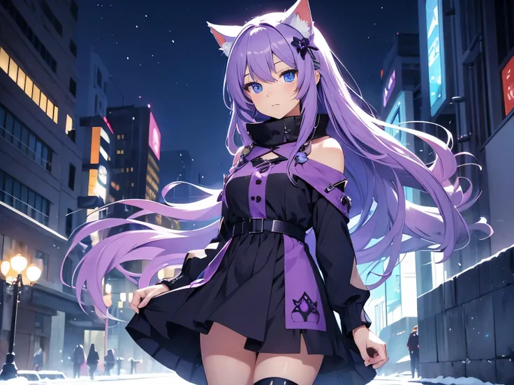 Anime girl character with purple flowing hair, blue eyes with cat ears and wearing a winter dress, with a background