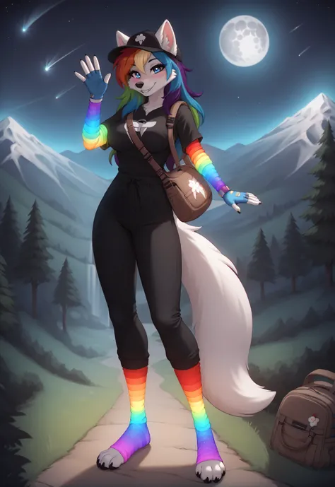 (4K HD Quality), score_9_up, score_8_up, score_6_up, anthro, solo, 1girl, furry, white fox, white body, white fur, rainbow hair color, long thick hair, blue eyes, white fox tail, medium large breasts, 

((glowing gloves), (rainbow sleeves gloves), (fingerl...
