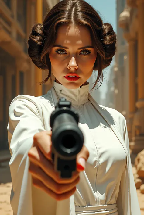 The image depicts a highly detailed and stylized woman, evoking a sci-fi or comic book illustration style. She wears a flowing white outfit with a high collar, reminiscent of Princess Leia’s iconic dress from Star Wars. Her hair is styled in two side buns,...