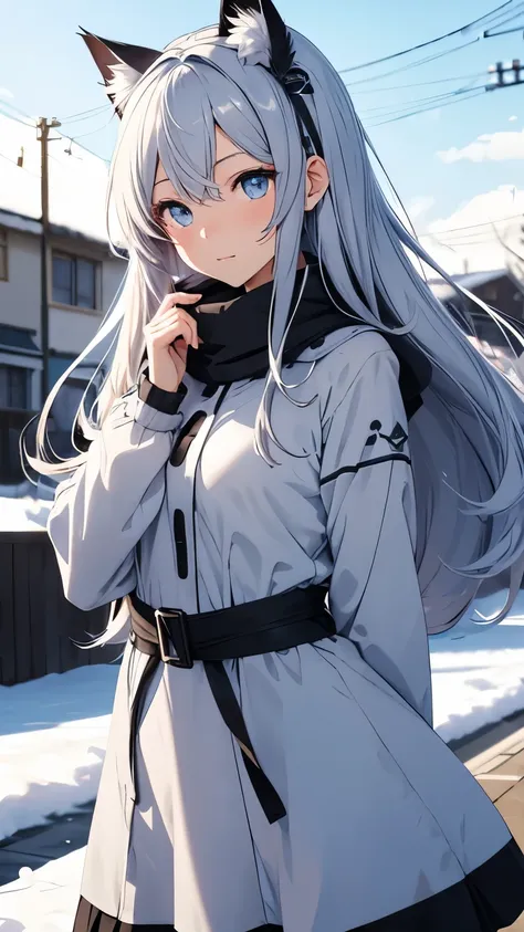 Anime girl character with gray flowing hair, blue eyes with cat ears and a winter dress, with a outdoor background 