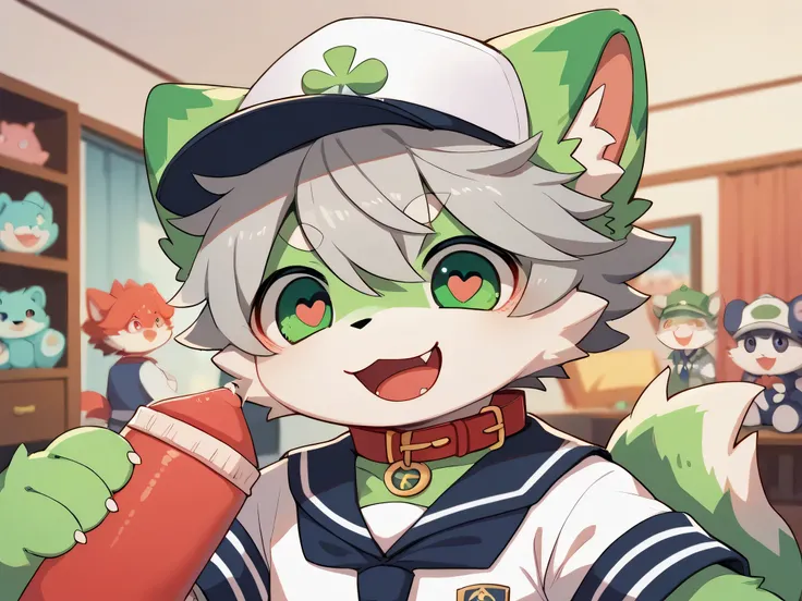  very detailedな, very detailed,grey hair with green fur ,,male,骨を見てExcited, heart eyes,participate, red collar, green white and colored hat, cute face, fluffy fur like one,Excited,Horny boy,Beautiful room, 's room ,Smiling face,Dropped ears, let's play wit...