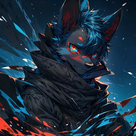 masterpiece,High quality,furry,male,(blue African wild dog),odd eye,((cornea of the right eye is blue, the left eye is red, and the sclera is black)),Sad expression,crying,Hooded jacket,snowy plain,starry sky,Night,perfect background,dynamic,one person,ani...