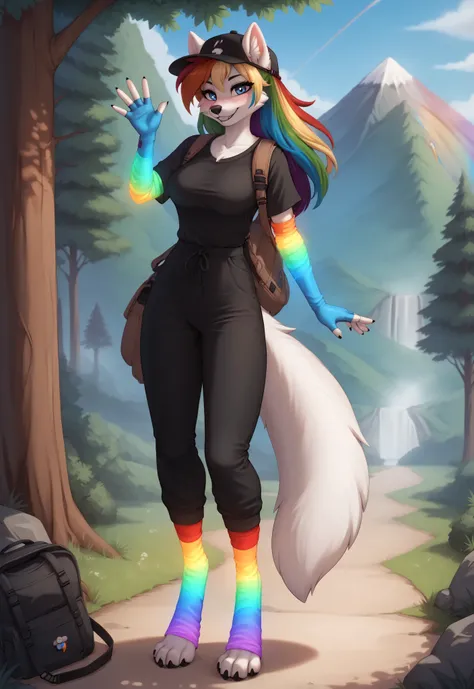 (4K HD Quality), score_9_up, score_8_up, score_6_up, anthro, solo, 1girl, furry, white fox, white body, white fur, rainbow hair color, long thick hair, blue eyes, white fox tail, medium large breasts, 

((glowing gloves), (rainbow sleeves gloves), (fingerl...