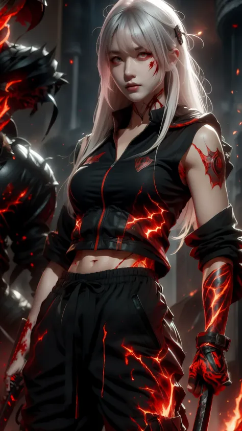 White-haired woman, terrifying appearance, with a katana and a shield, red eyes, on a battlefield covered in blood, wearing Spartan clothes, with a scar on her left eye
