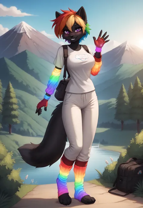 (4K HD Quality), score_9_up, score_8_up, score_6_up, anthro, solo, 1girl, furry, black fox, black body, black fur, rainbow hair, short hair, purple eyes, black fox tail, medium large breasts, 

((glowing gloves), (rainbow sleeves gloves), (fingerless glove...