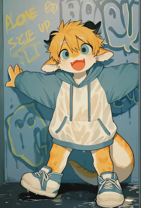 source_ furry， furry male，elementary school students，((boy  ，Toddler))，Dragon Doy , (furry, kemono  :1.4)， masterpiece, best quality, perfect anatomy, bright eyes, detailed eyes, furry,  male, cute, smaller male，, the body is full of paint ， graffiti wall,...