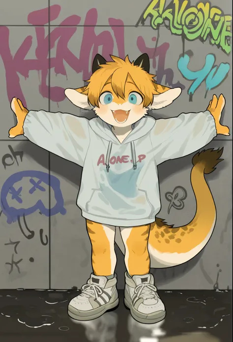 source_ furry， furry male，elementary school students，((boy  ，Toddler))，Dragon Doy , (furry, kemono  :1.4)， masterpiece, best quality, perfect anatomy, bright eyes, detailed eyes, furry,  male, cute, smaller male，, the body is full of paint ， graffiti wall,...