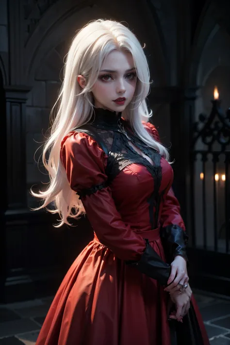 medieval times , overall design , depressing mood, dark colors, mature female vampire, colorful red dress, White hair, protruding fangs, pale skin, red eyes, Gothic style castle as background