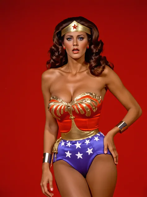 8k, best quality, real picture, photo of young beautiful perfect Lynda Carter as Wonder Woman, scene from tv show, glossy lips open mouth expression, she's standing full body aroused, delicately teasing her body with her hands, full body expressive, photos...
