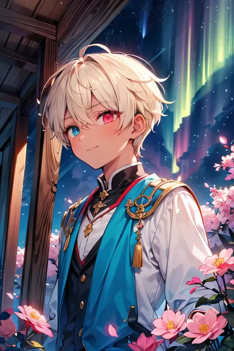 ((1-boy :1.5)),Ultra detailed,  highres, absurdres, HDR, master piece,blonde hair, right side is white, left side is red,  heterochromia, right eye is grey, left eye is blue,Fantasy , pink petals, pink flowers, handsome, sexy man, Alone, best quality, blos...