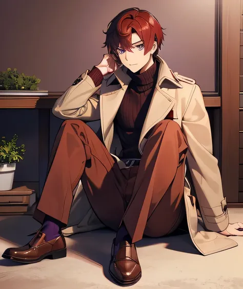  red brown wolf cut hair 、 purple eyes 、Vertical pupils 、 loose red gradient turtleneck sweater、 beige trench coat 、 Beige Chinos 、red clay leather shoes 、 white skin、 Slim、 One Man、 sitting position、vampire、A man of color