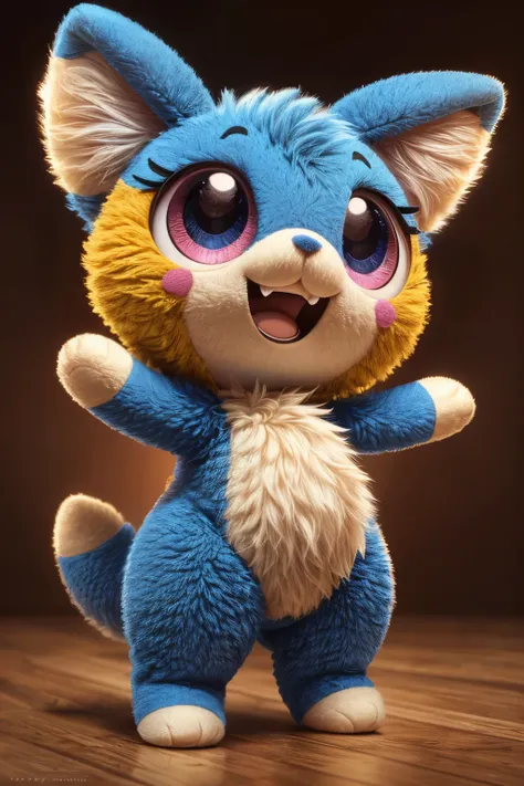 a cute plush monster with large eyes, short legs and short arms, very simple design, huge smile, very cute, s love it, standing pose, 2 teeth, extremely fluffy and hairy, (best quality,4k,8k,highres,masterpiece:1.2),ultra-detailed,cute,adorable,toy,plush,s...