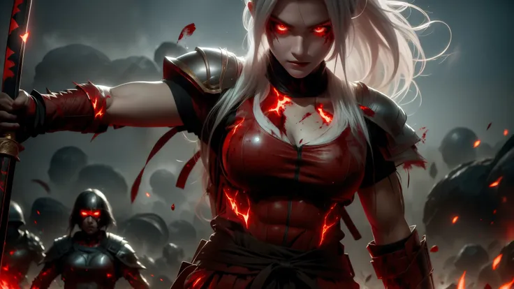 White-haired woman, terrifying appearance, with a katana and a shield, red eyes, on a battlefield covered in blood, wearing Spartan clothes, with a scar on her left eye