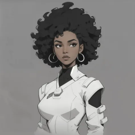 one woman, afro curly hair, makeup, mascara, soft or colored lips, simple black background, minimalism, simple color palettes, clean, sharp designs, sexy futuristic astronaut outfit with few details, simple, geometric, different designs, simple silhouettes...