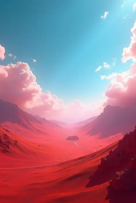 red landscape, detailed, white light blue sky, cloud, shadow, aesthetic