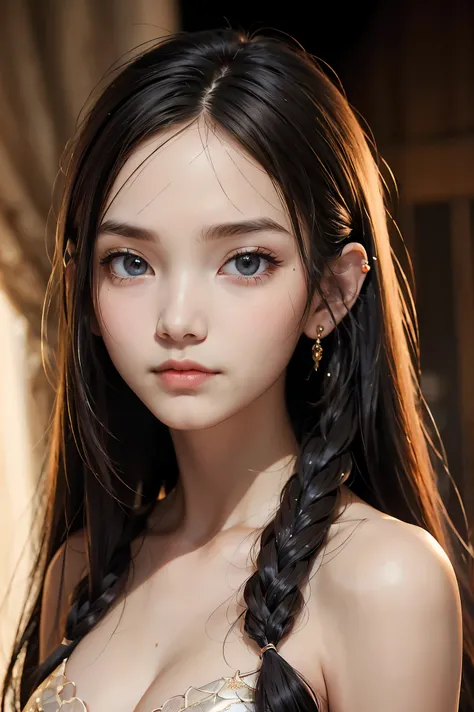 Photo of A beautiful girl, Dark hair. Piercing eyes. White skin. Snake. Enigmatic gaze. Elegant posture. Shimmering scales. Deep silence. Mysterious aura., (masterpiece, best quality:1.2), background, bokeh, Depth of field, 4k, whimsical