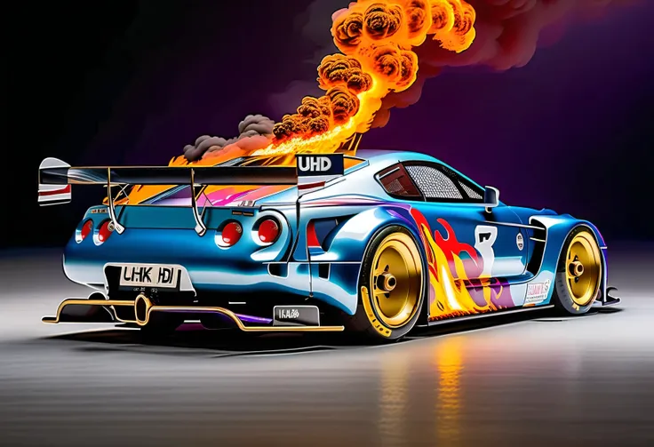a (((hyper-realistic))), (((32k UHD masterpiece in the style of a cinematic art piece))). The focal point is a futuristic "race car GTR 2000" shown at a dynamic angle, engulfed in flames. The level of (detail is extraordinary), capturing the intricacies of...