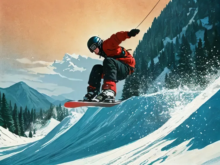  illustration style　art　Vintage style 　 snowboard