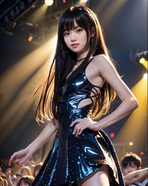 A highly detailed and anatomically accurate illustration of a Japanese high school girl, around 18 years old, standing on a live concert stage. She has semi-long straight hair with bangs and is wearing an elaborate stage outfit designed for performance, fe...