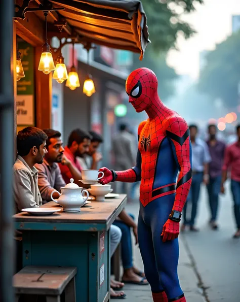 A man wearing Spider-Man costume is selling tea in a small tea stall beside a busy street in India. Some people are sitting in a bench in front of the stall with cigarette in one hand, he has a cigarette. And some people are drinking tea by standing.
