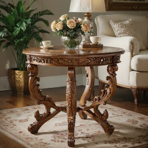 there is a table with a vase of flowers on it, ornate furniture, finely detailed furniture, detailed wooden table, furniture photography, center focus on table, ornate and elegant, french provincial furniture, victorian setting, intricately carved, elegant...