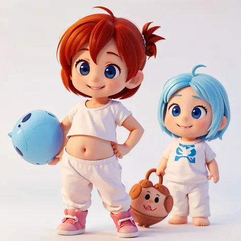 
imagine a little baby girl, smiling, standing, shirtless with white background, chibi, minimalist, pixar anime