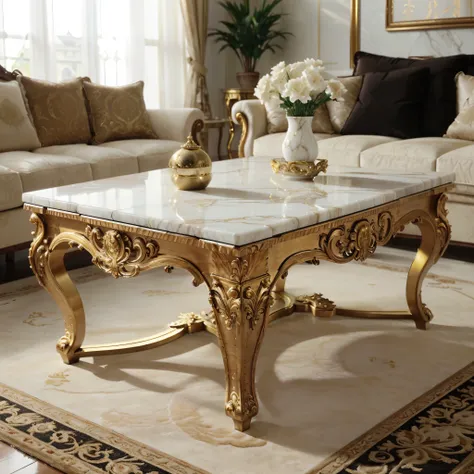 there is a marble coffee table with gold accents in a living room, luxurious wooden coffee table, luxury furniture, ornate and detailed, elegant furniture, ornate and elegant, ornate furniture, elegant and ornate, furniture and decor, elegant and refined, ...