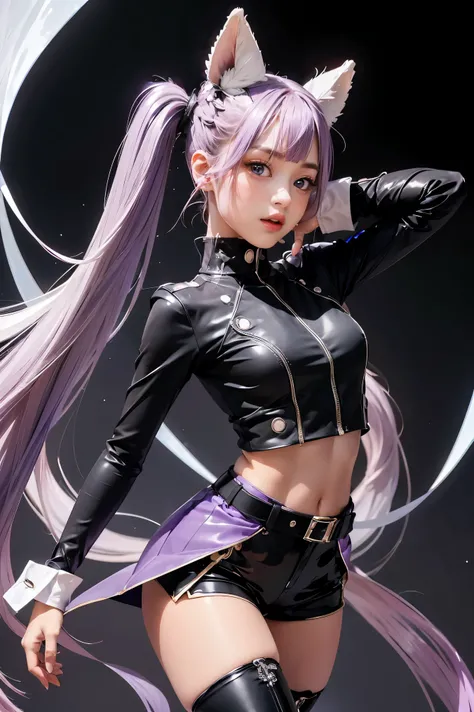 Best Quality, Ultra High Resolution, Cute, (KPOP Idol), (Long Twintail), (Light Purple Hair:1), ((Big Eyes)), Looking at you,
BREAK ((upper body:1.3)), Front View,A character with long, flowing silver hair and a slender build, wearing a black and white out...