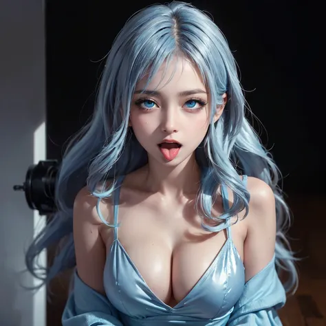 ((masterpiece)), ((best quality)), ((ultra-detailed)),((hyperrealistic)),((shiny skin)),1girl,solo,medium hair,wavy hair,light blue hair,((drill hair)),((light blue eyes)),((tareme)),((big breasts)),,((ahegao face,rolling eyes,open mouth,tongue)),portrait,...