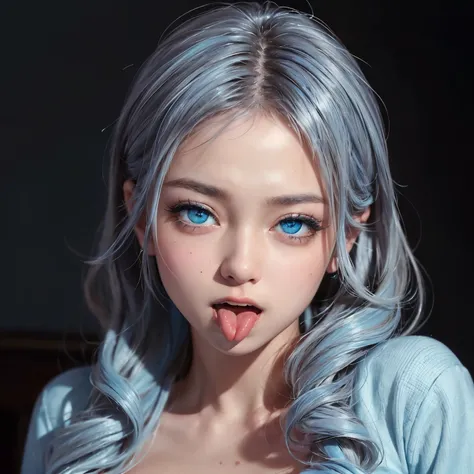 ((masterpiece)), ((best quality)), ((ultra-detailed)),((hyperrealistic)),((shiny skin)),1girl,solo,medium hair,wavy hair,light blue hair,((drill hair)),((light blue eyes)),((tareme)),((big breasts)),,((ahegao face,rolling eyes,open mouth,tongue)),portrait,...