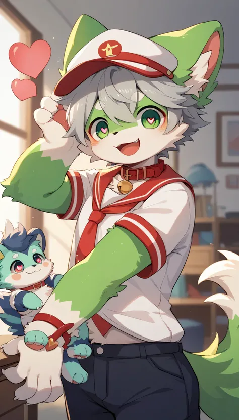  very detailedな, very detailed, green fur gray hair,,male,骨を見てExcited, heart eyes,participate, red collar, green white and colored hat, cute face, fluffy fur like one,Excited,Horny boy,Beautiful room, 's room ,Smiling face,Dropped ears, let's play with toy...