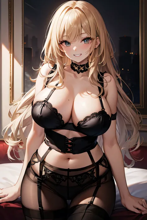 (black garter belt:1.5),(black garter straps:1.5),(black pantyhose:1.5),long gold hair,Loose curly hair,24-year-old,gigantic breasts,grin,
