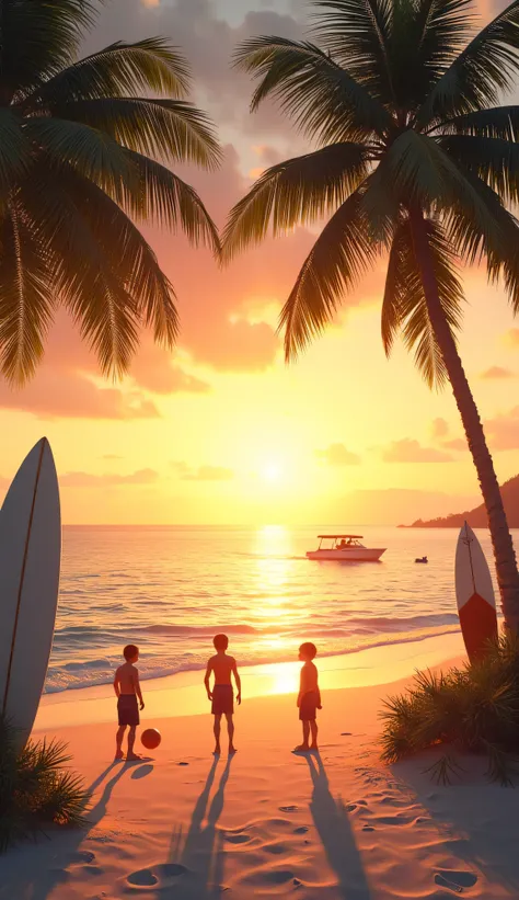 A great beautiful beach, with a sunset in the background , with 3 boys in the distance playing with a ball , palm trees and surfboards,With a boat in the sea