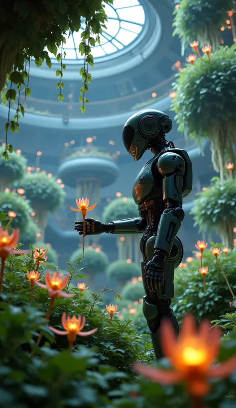 A robot gardener tending to bioluminescent alien plants in a hanging garden on a space station