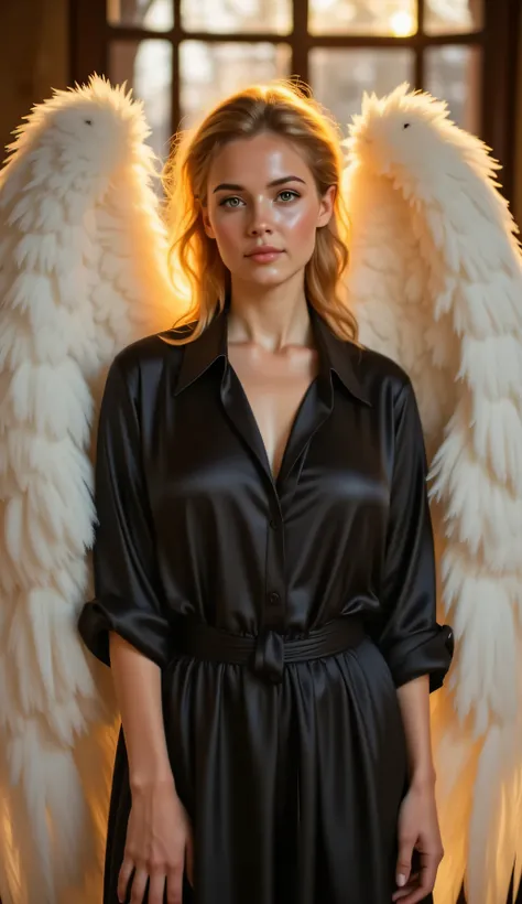 ((realism, photorealistic, life-like photograph, score_8_up, score_9, fluxbodybuilder, Real-Faceji, hourglass bodyshap)), ((((oiled skin, glistening, large folded white angel wings, loose-fitting black silk shirt, black silk skirt)))), BREAK, 19year superm...